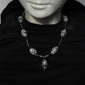 Snowflake Obsidian Beaded Y Necklace Black Gray Natural Stone Statement